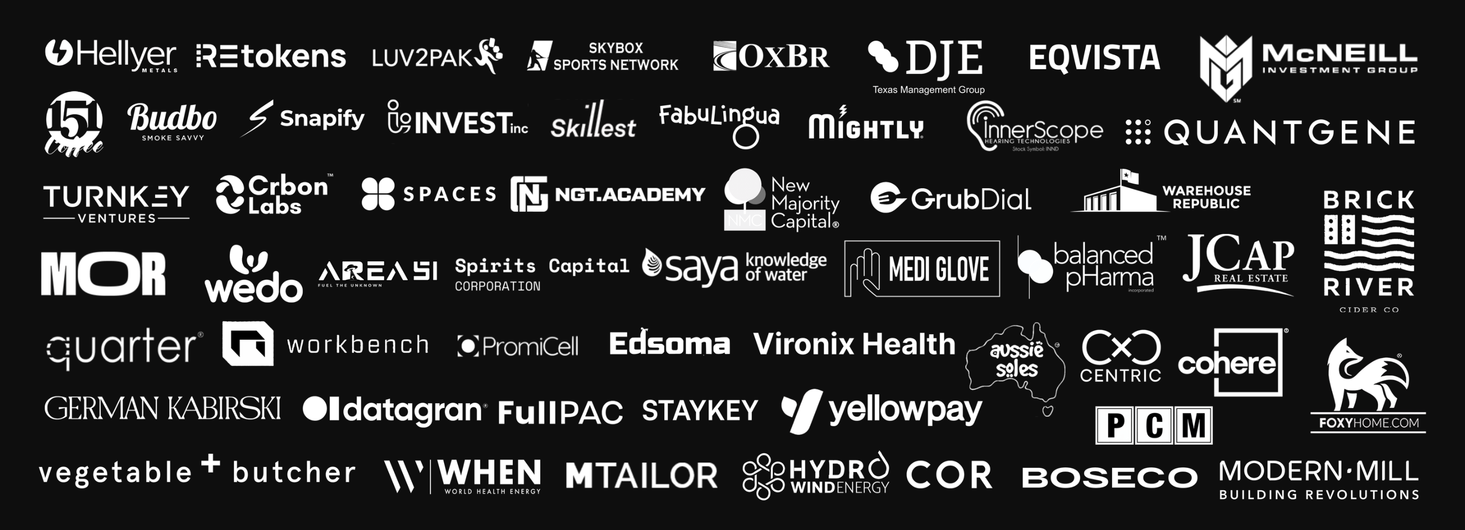 Trusted by 200+ visionary brands including Hellyer, REtokens, LUV2PAK, Skybox Sports Network, OxBR, DJE, Eqvista, McNeill Investment Group, Budbo, Snapify, Invest Inc, Skillest, FabuLingua, Mightly, InnerScope, QuantGene, Turnkey Ventures, Crbon Labs, Spaces, NGT Academy, New Majority Capital, GrubDial, Warehouse Republic, MOR, Wedo, Area51, Spirits Capital, Saya, Medi Glove, balanced pHarma, JCap, Brick, River Cider, Quarter, Workbench, PromiCell, Edsoma, Vironix Health, Aussie Sales, CX Centric, Cohere, German Kabirski, Datagran, FullPAC, Staykey, Yellowpay, PCM, Foxy Home, Vegetable Butcher, When, MTailor, Hydro Wind Energy, COR, Boseco, Modern Mill